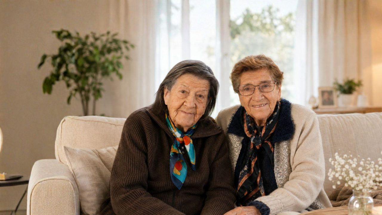 Dos personas mayores sonríen sentadas en el living del centro de día Nuestras Raíces en Maipú