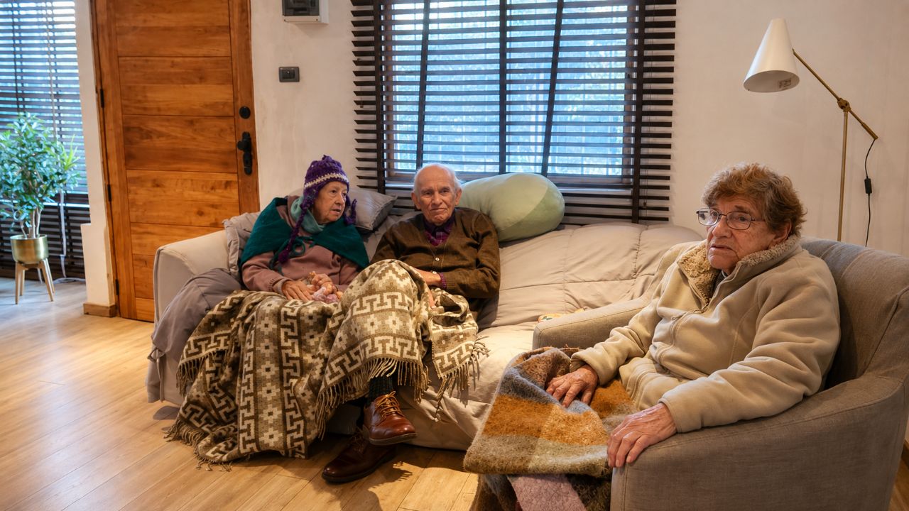 Personas mayores descansando en el living del centro de día Nuestras Raíces, Maipú