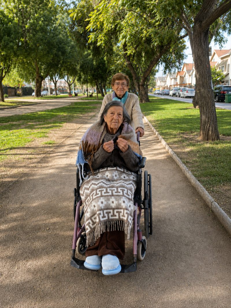 Juanita y Eloísa paseando por una plaza de Maipú, acompañadas por Nuestras Raíces
